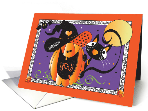 Halloween for Grandson Black Cat and Jack O Lantern in Witch Hat card