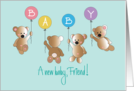 New Baby for Friend, Four Flying Bears with BABY balloons card