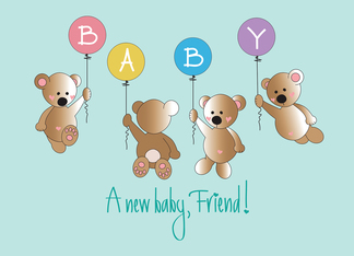 New Baby for Friend, Four Flying Bears with BABY balloons