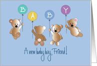New Baby Boy for Friend, Four Flying Bears with BABY balloons card