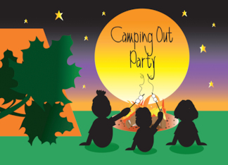 Camping Out Party with Kids Roasting Marshmallows by Camp Tent