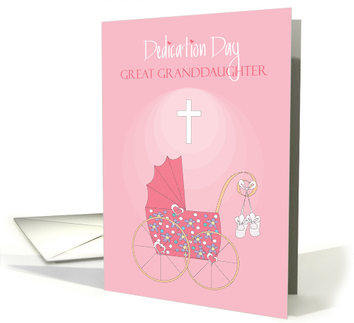 Baby Dedication Great Granddaughter, Pink Carriage & White Cross card