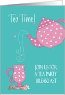 Invitation to Tea Party Breakfast, Polka Dot Tea Pot and Pastries card