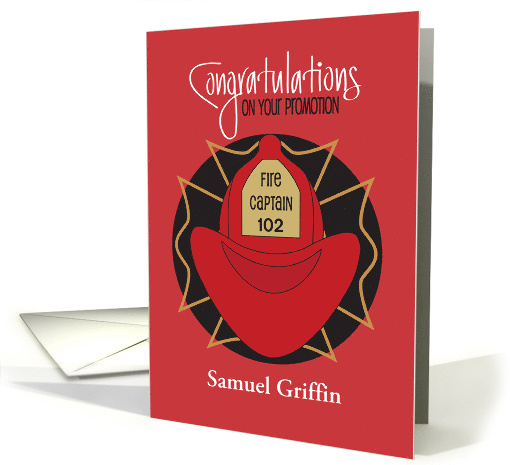 Promotion for Fire Captain, Red Fireman's Hat with Custom Name card