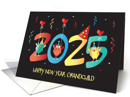 New Year's 2025 for Grandchild with Birds in Polka Dot Party Hats card