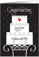 Wedding for Nephew and Wife, Tiered Cake on Stand with Heart card