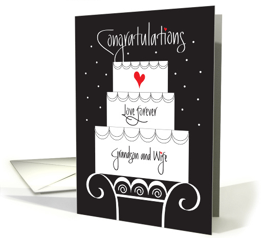 Wedding for Grandson & Wife, Tiered Cake on Cake Stand & Heart card