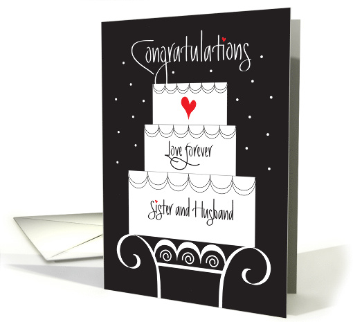 Wedding for Sister & Husband, Tiered Cake on Cake Stand & Heart card