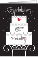 Wedding for Friend & Wife, Tiered Cake on Cake Stand & Heart card