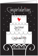 Wedding for Cousin & Wife, Tiered Cake on Cake Stand & Heart card