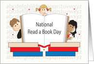 National Read a Book Day, Trio of Kids and Large Book & Hearts card