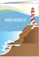 National Lighthouse Day Candy Striped Lighthouse on Cliff above Waves card