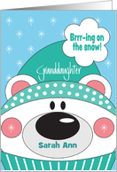 Christmas Granddaughter Polar Bear Brrr-ing on the Snow Custom Name card