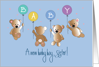 Becoming a Mother, Baby Boy for Sister, 4 Bears & Balloons card