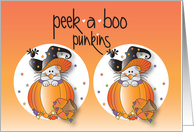 Halloween for Twins Peek a Boo Mice in Pumpkins Wearing Witch Hats card