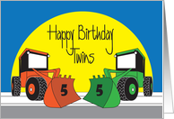 Birthday for Twin 5 Year Old Boys, Two Colorful Front Loaders card