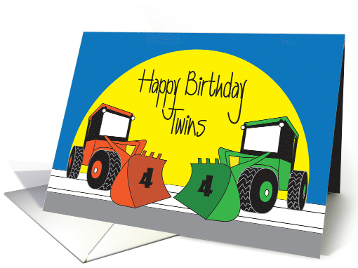 Birthday for Twin 4 Year Old Boys, Two Colorful Front Loaders card