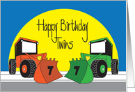 Birthday for Twin 7 Year Old Boys, Two Colorful Front Loaders card