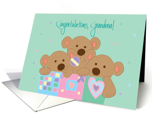 Becoming a Grandma to Triplets, Trio of Bears in Toychest card