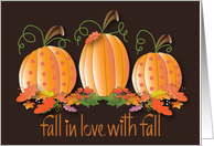 Hand Lettered Fall Is In the Air with Leaf Covered Pumpkin Trio card