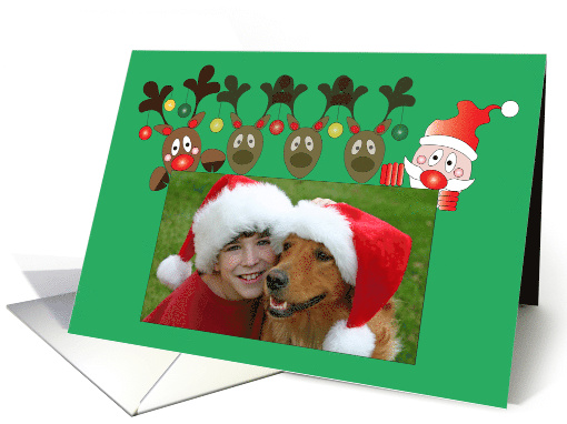 Christmas with Santa & Decorated Reindeer, with Custom Photo card