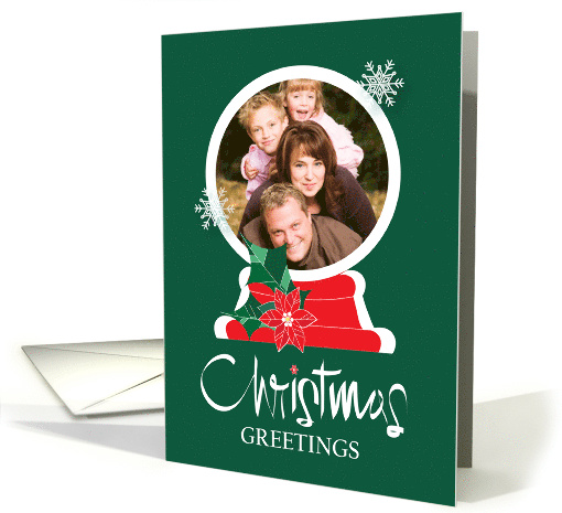 Christmas Custom Photo Snow Globe with Snowflakes & Poinsettia card