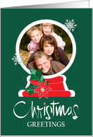Christmas Custom Photo Snow Globe with Snowflakes & Poinsettia card