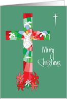 Christmas for Nun, Holiday Stained Glass Cross & Poinsettias card