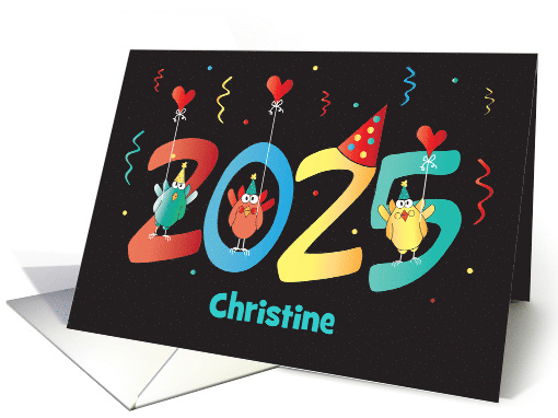 New Year's 2025 Birds Celebrating on Large Date with Custom Name card