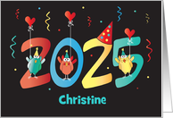 New Year’s 2025 Birds Celebrating on Large Date with Custom Name card