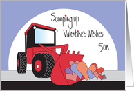 Valentine’s Day for Son, Red Front Loader Scooping Up Hearts card