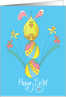 Hand Lettered Easter with Bunny Ear Wearing Chick Balancing on Eggs card