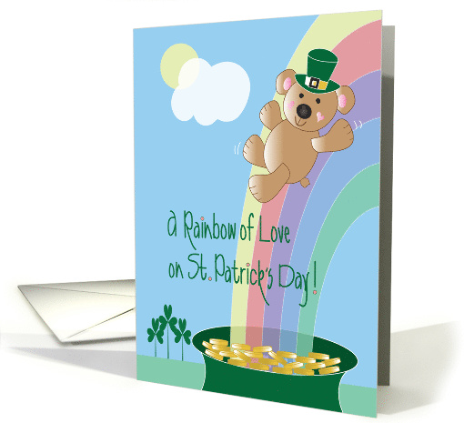 St. Patrick's Day, Bear Sliding Down Rainbow in Leprechaun Hat card