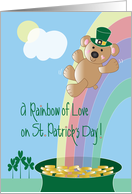 St. Patrick’s Day, Bear Sliding Down Rainbow in Leprechaun Hat card