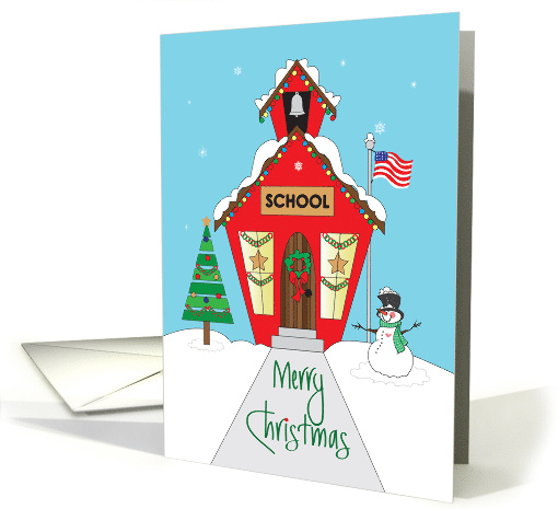 Christmas for School Staff, Decorated Red Schoolhouse in Snow card