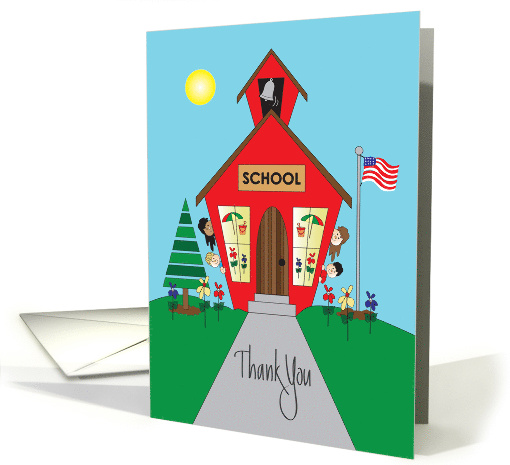 Year End Thank You for School Staff, Red Schoolhouse & Flowers card