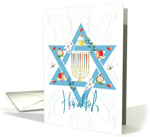 Hand Lettered Hanukah with Floral Menorah and Candles with Fruit card