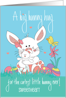 Easter for Girl with White Bunny Hugging Toy Bunny and Friendly Chick card