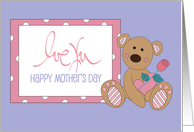 Hand Lettered Mother’s Day Love You with Bear and Rose Holding Heart card