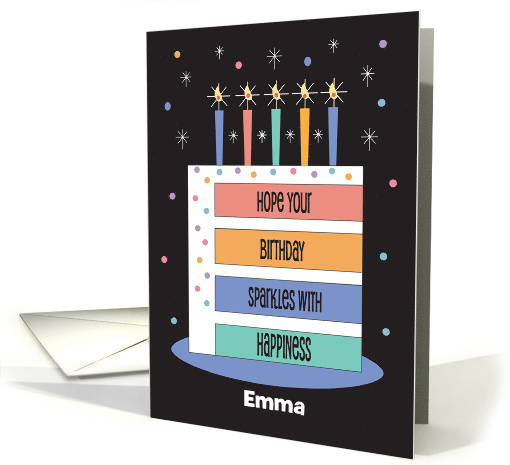 Colorful Rainbow Stacked Sparkling Birthday Cake with Custom Name card