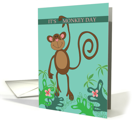 Monkey Day, Brown Monkey Hanging by One Arm in Jungle card (1467334)