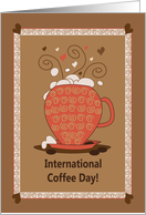 International Coffee Day, Bubbling Latte Cup with Hearts & Beans card
