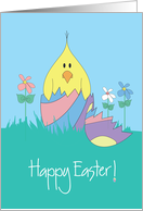 Easter Chick in Broken, Bright Colored Easter Egg with Flowers card