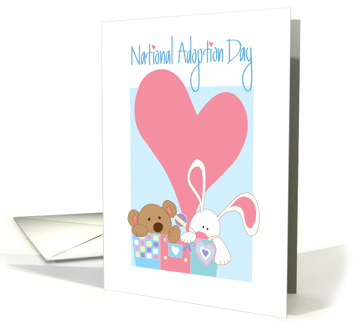 National Adoption Day, Toy Bear and Bunny in Toy Chest & Heart card