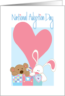 National Adoption Day, Toy Bear and Bunny in Toy Chest & Heart card