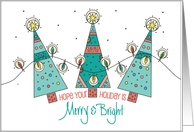 Hand Lettered Merry and Bright Tree Trio with String of Bright Lights card