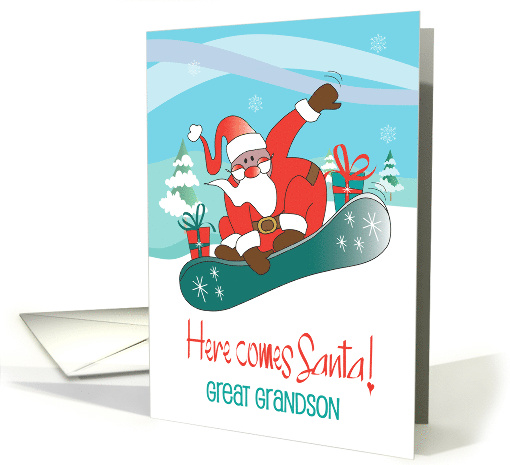 Christmas Great Grandson Snowboarding Santa Here Comes Santa card