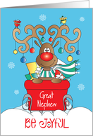 Christmas Great Nephew, Be Joyful Reindeer in Red Sleigh & Ornaments card