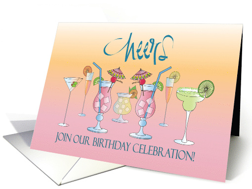 Cheers Invitation to Birthday Celebration with Cocktail Line up card