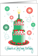 Christmas Birthday Party Invite with Stacked Holiday Cake and Balloons card